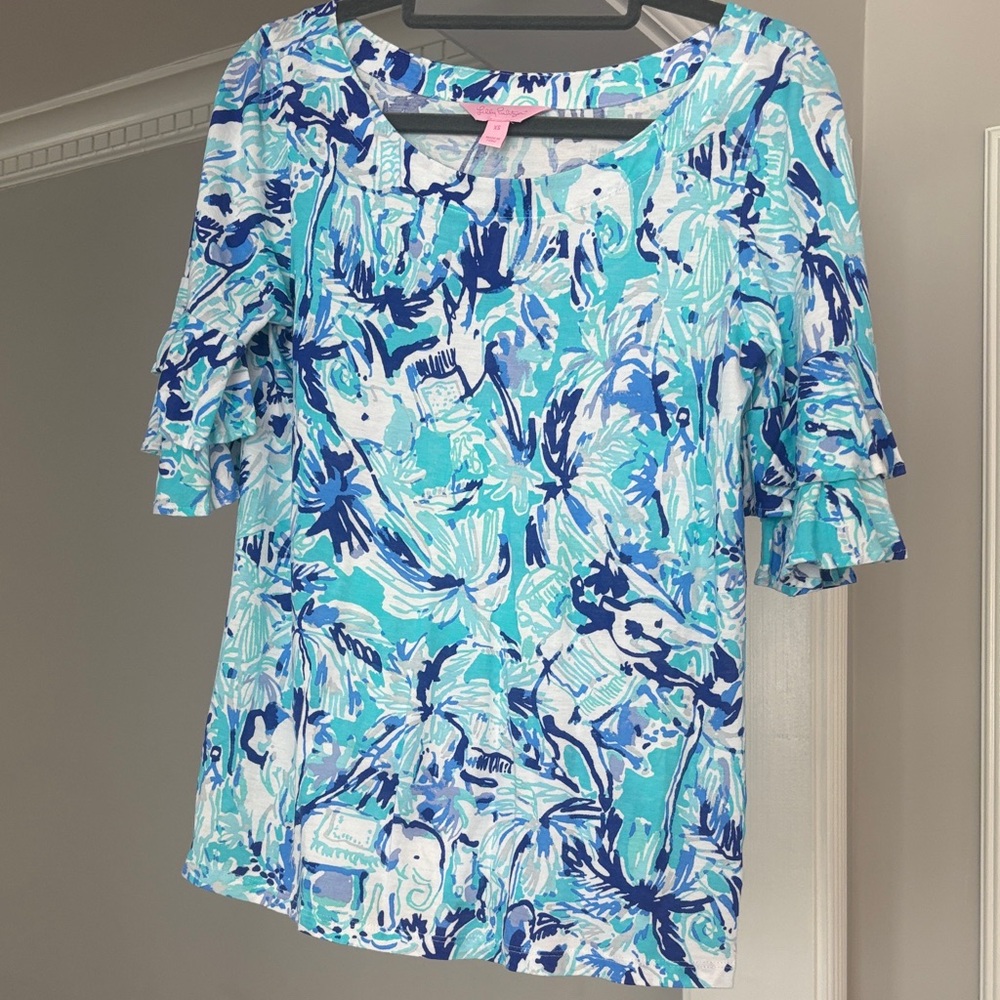Lilly Pulitzer Vibrant Blue and White Floral Blouse XS